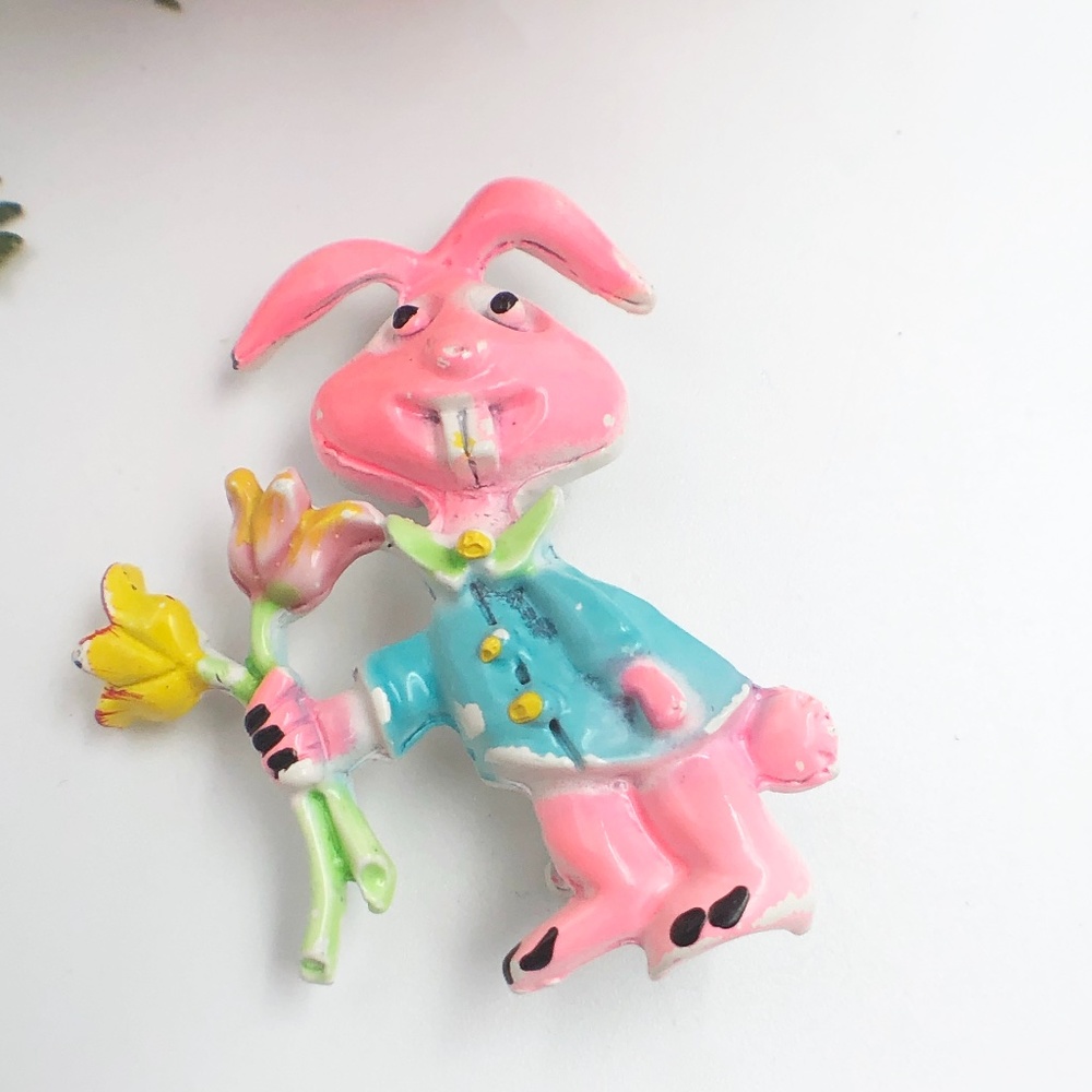 Two Vintage Beatrix B.J.  Anthropormorphic Rabbit and Duck Brooches